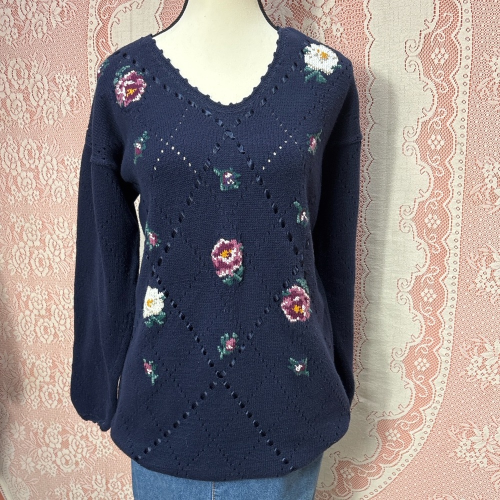 Vintage 90s Northern Traditions Floral Cotton Sweater Sz Sm oversized